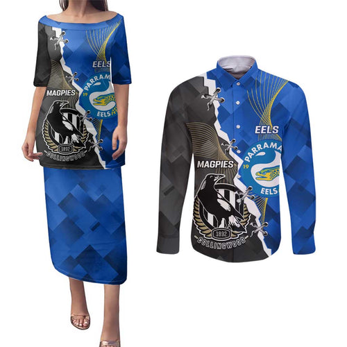 Custom Magpies Football And Eels Rugby Couples Matching Puletasi and Long Sleeve Button Shirt Dynamic Style
