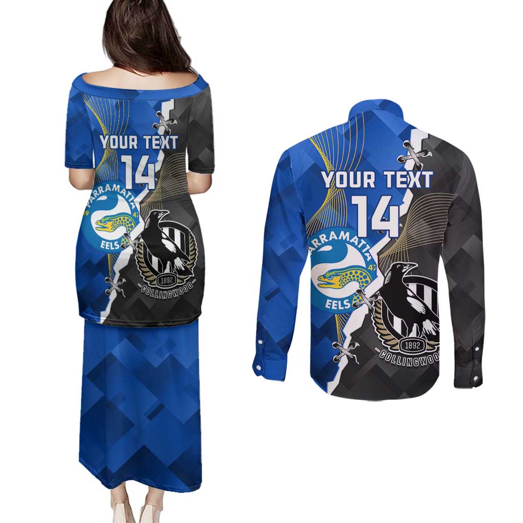 Custom Magpies Football And Eels Rugby Couples Matching Puletasi and Long Sleeve Button Shirt Dynamic Style