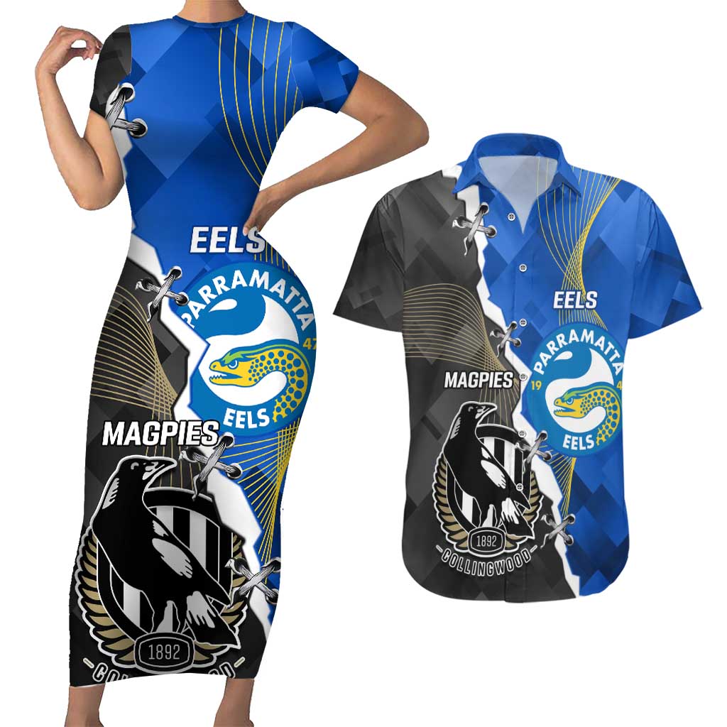 Custom Magpies Football And Eels Rugby Couples Matching Short Sleeve Bodycon Dress and Hawaiian Shirt Dynamic Style