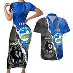 Custom Magpies Football And Eels Rugby Couples Matching Short Sleeve Bodycon Dress and Hawaiian Shirt Dynamic Style