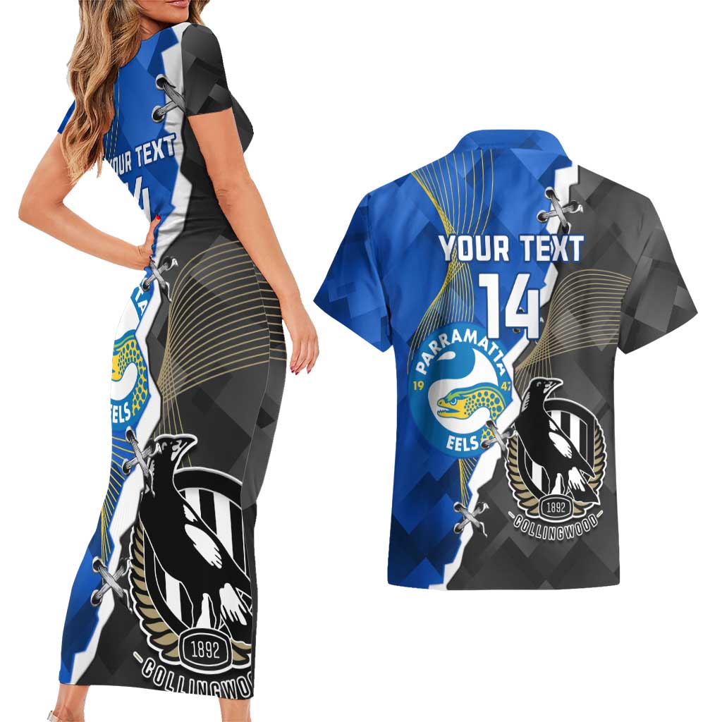 Custom Magpies Football And Eels Rugby Couples Matching Short Sleeve Bodycon Dress and Hawaiian Shirt Dynamic Style