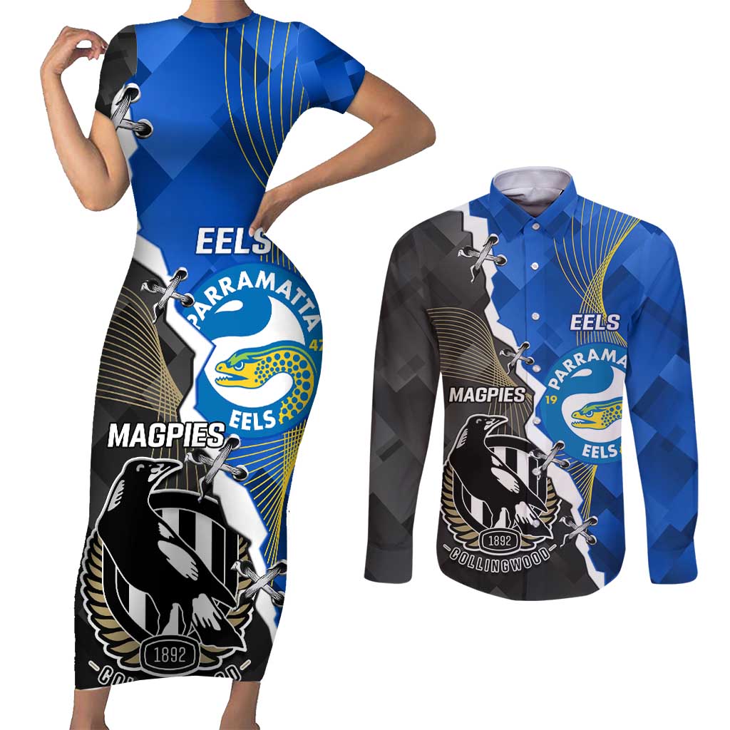 Custom Magpies Football And Eels Rugby Couples Matching Short Sleeve Bodycon Dress and Long Sleeve Button Shirt Dynamic Style