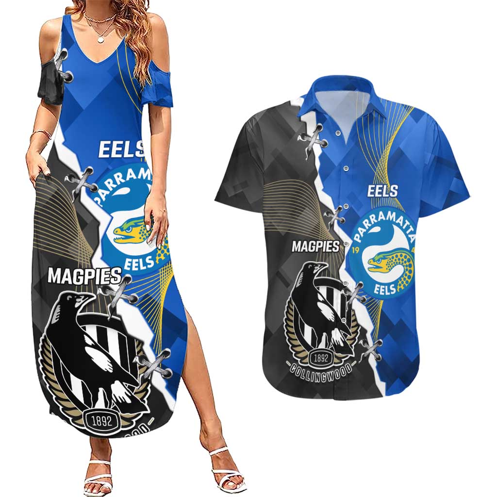 Custom Magpies Football And Eels Rugby Couples Matching Summer Maxi Dress and Hawaiian Shirt Dynamic Style
