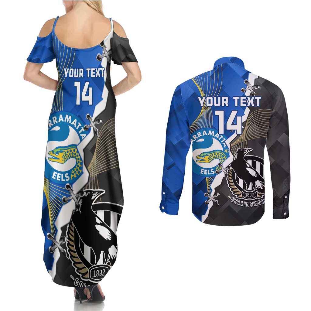 Custom Magpies Football And Eels Rugby Couples Matching Summer Maxi Dress and Long Sleeve Button Shirt Dynamic Style