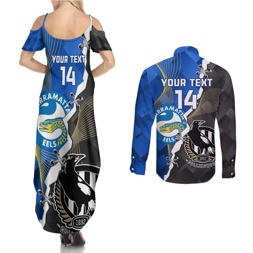 Custom Magpies Football And Eels Rugby Couples Matching Summer Maxi Dress and Long Sleeve Button Shirt Dynamic Style