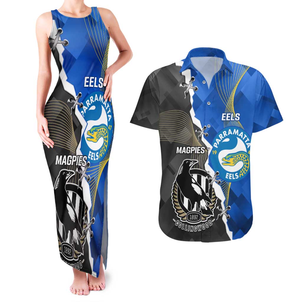 Custom Magpies Football And Eels Rugby Couples Matching Tank Maxi Dress and Hawaiian Shirt Dynamic Style