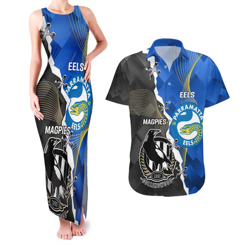 Custom Magpies Football And Eels Rugby Couples Matching Tank Maxi Dress and Hawaiian Shirt Dynamic Style