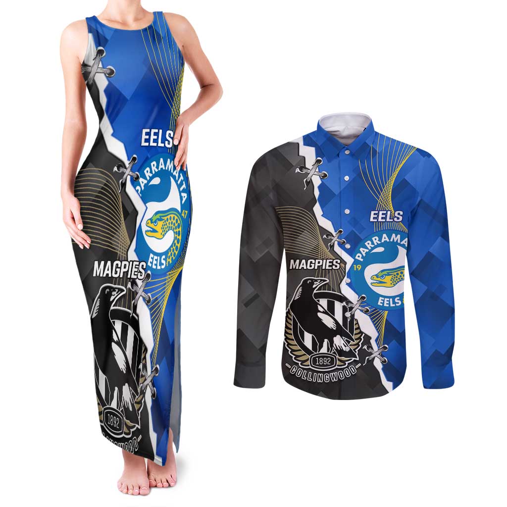 Custom Magpies Football And Eels Rugby Couples Matching Tank Maxi Dress and Long Sleeve Button Shirt Dynamic Style