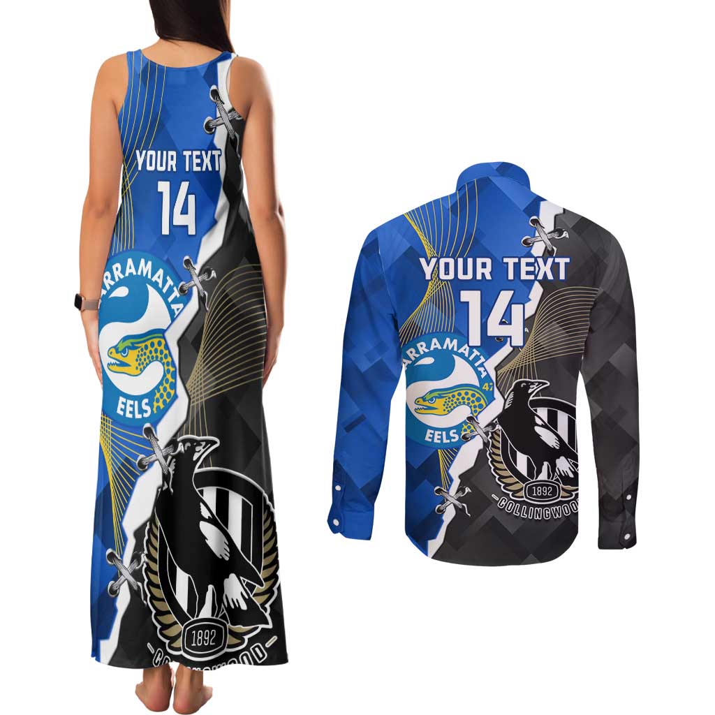 Custom Magpies Football And Eels Rugby Couples Matching Tank Maxi Dress and Long Sleeve Button Shirt Dynamic Style