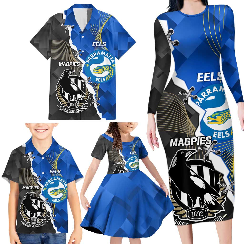 Custom Magpies Football And Eels Rugby Family Matching Long Sleeve Bodycon Dress and Hawaiian Shirt Dynamic Style