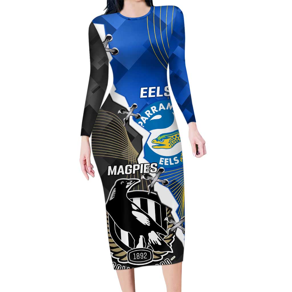 Custom Magpies Football And Eels Rugby Family Matching Long Sleeve Bodycon Dress and Hawaiian Shirt Dynamic Style