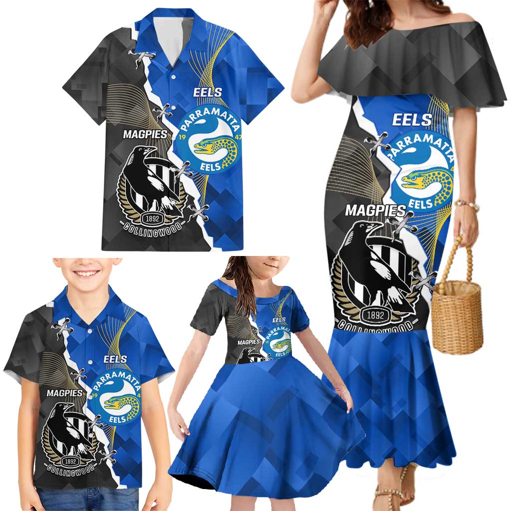 Custom Magpies Football And Eels Rugby Family Matching Mermaid Dress and Hawaiian Shirt Dynamic Style