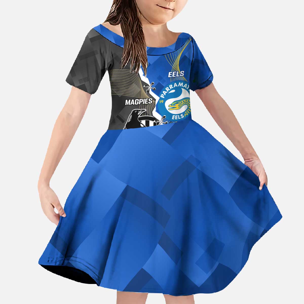 Custom Magpies Football And Eels Rugby Family Matching Off The Shoulder Long Sleeve Dress and Hawaiian Shirt Dynamic Style