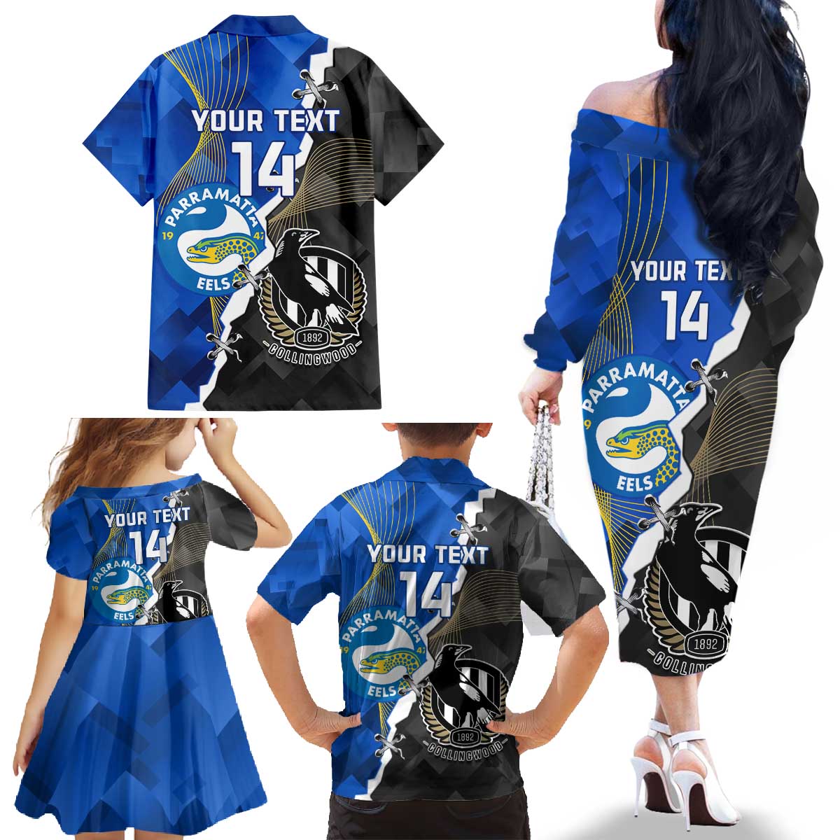 Custom Magpies Football And Eels Rugby Family Matching Off The Shoulder Long Sleeve Dress and Hawaiian Shirt Dynamic Style