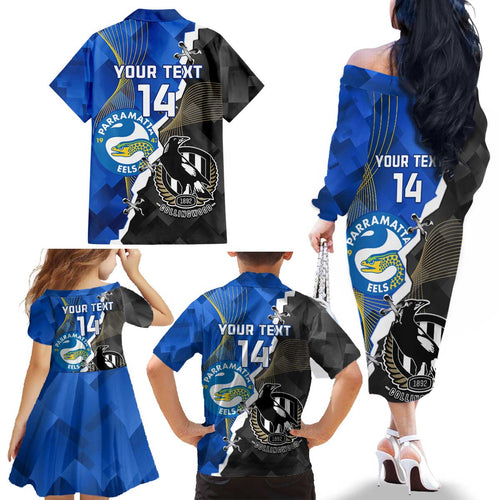 Custom Magpies Football And Eels Rugby Family Matching Off The Shoulder Long Sleeve Dress and Hawaiian Shirt Dynamic Style
