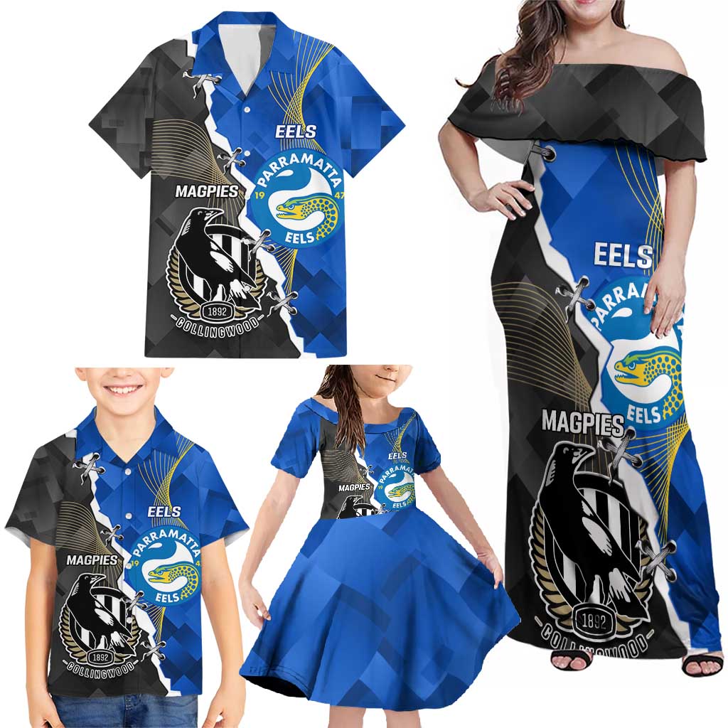 Custom Magpies Football And Eels Rugby Family Matching Off Shoulder Maxi Dress and Hawaiian Shirt Dynamic Style