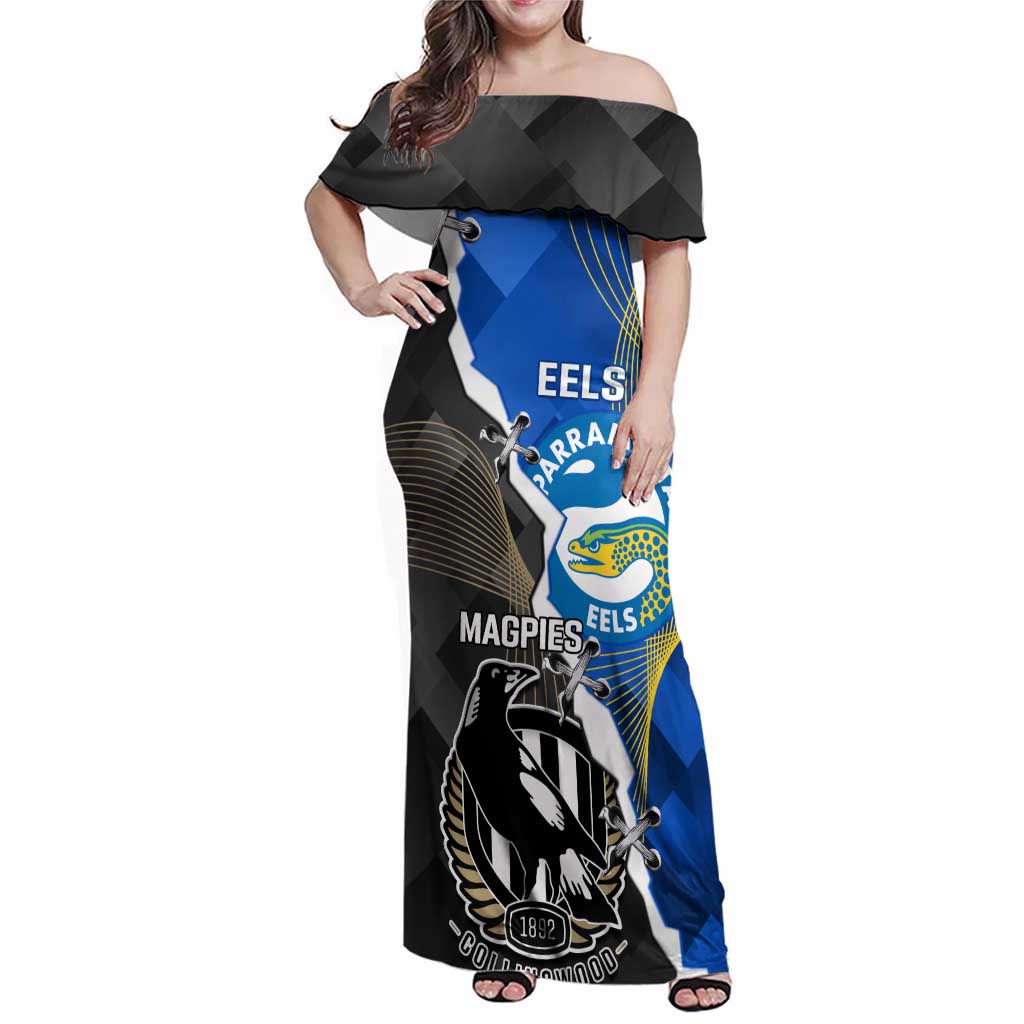 Custom Magpies Football And Eels Rugby Family Matching Off Shoulder Maxi Dress and Hawaiian Shirt Dynamic Style