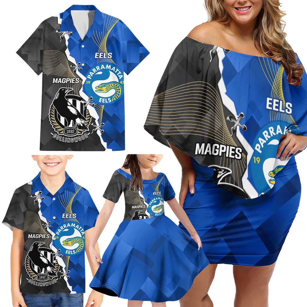 Custom Magpies Football And Eels Rugby Family Matching Off Shoulder Short Dress and Hawaiian Shirt Dynamic Style