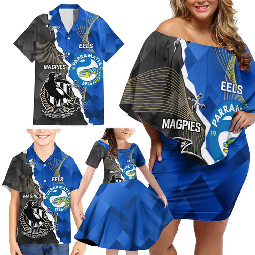 Custom Magpies Football And Eels Rugby Family Matching Off Shoulder Short Dress and Hawaiian Shirt Dynamic Style