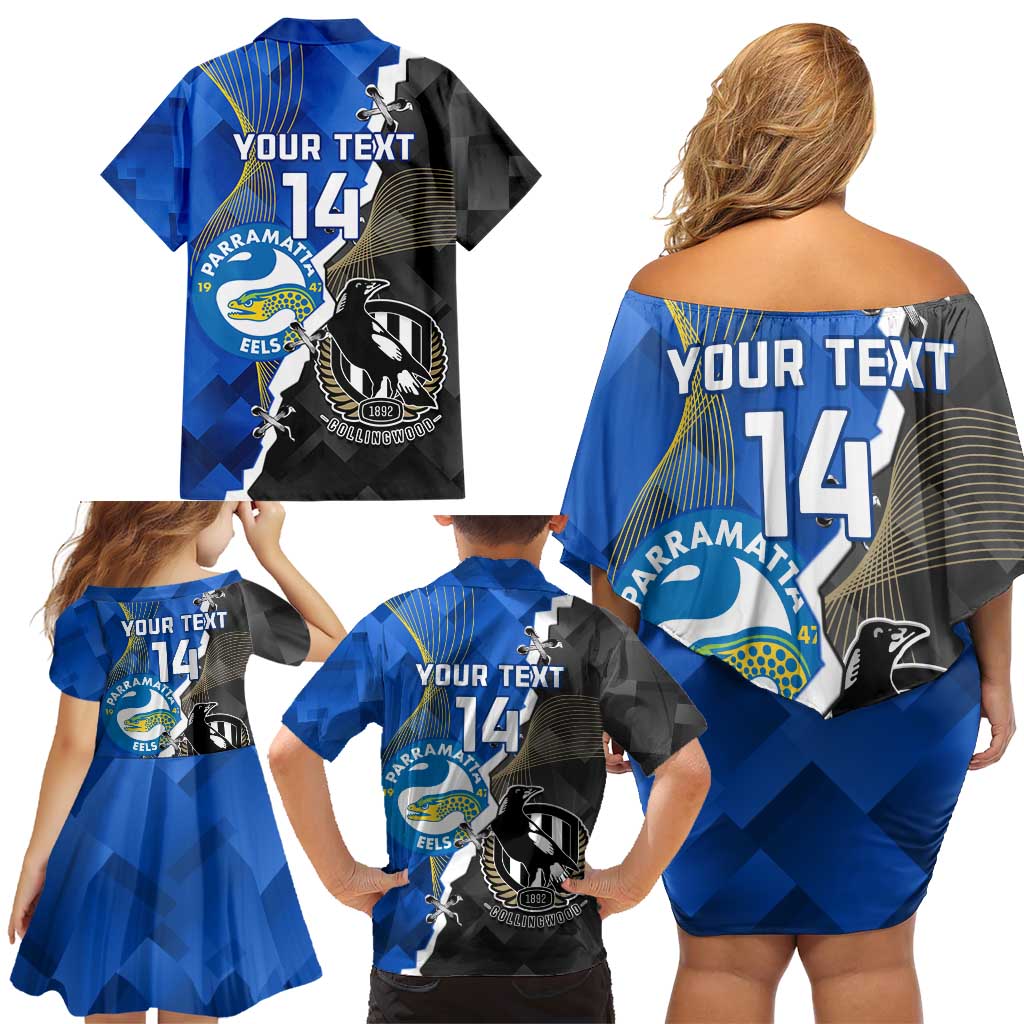 Custom Magpies Football And Eels Rugby Family Matching Off Shoulder Short Dress and Hawaiian Shirt Dynamic Style