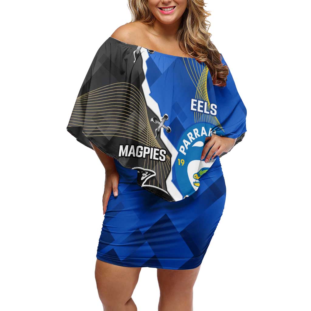 Custom Magpies Football And Eels Rugby Family Matching Off Shoulder Short Dress and Hawaiian Shirt Dynamic Style