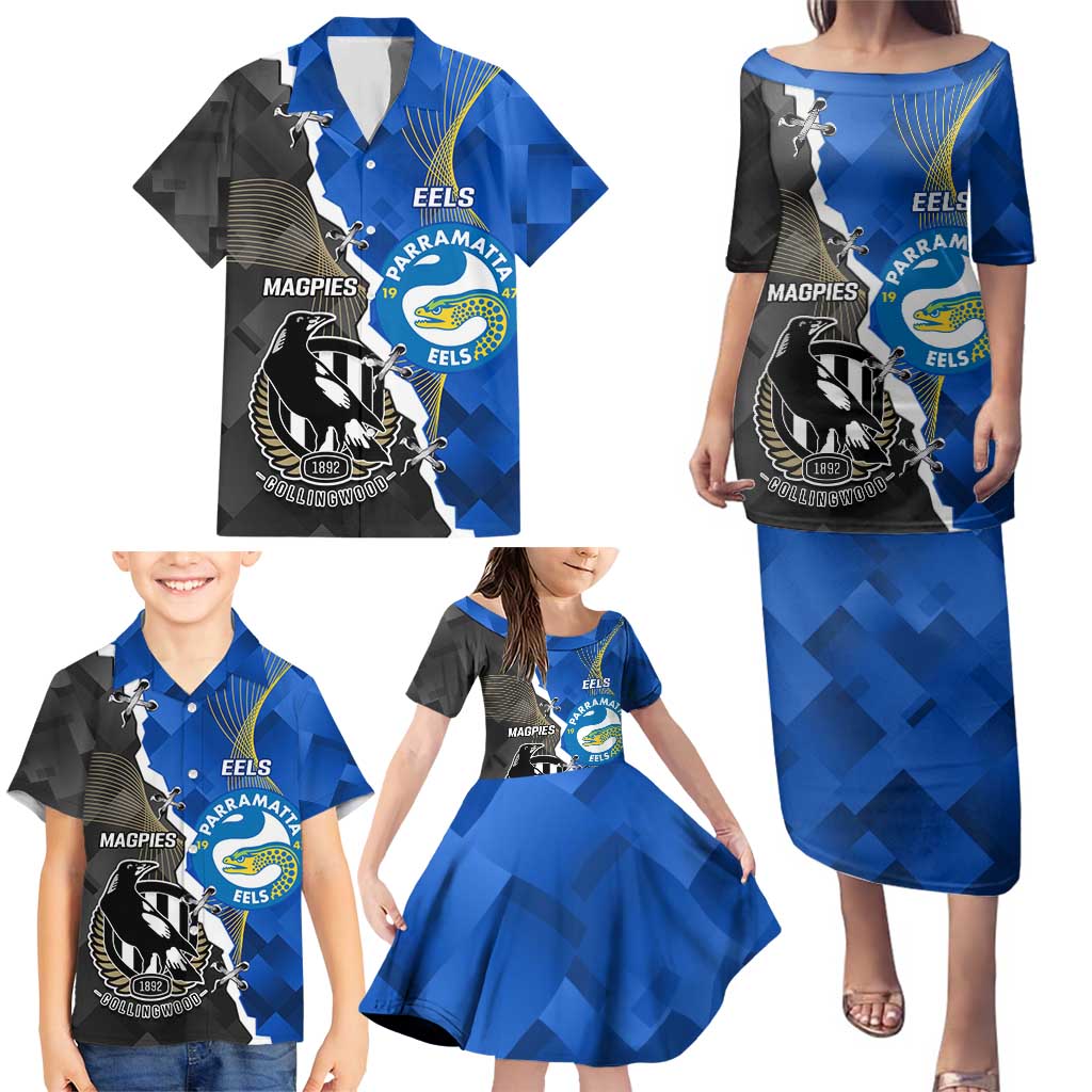 Custom Magpies Football And Eels Rugby Family Matching Puletasi and Hawaiian Shirt Dynamic Style