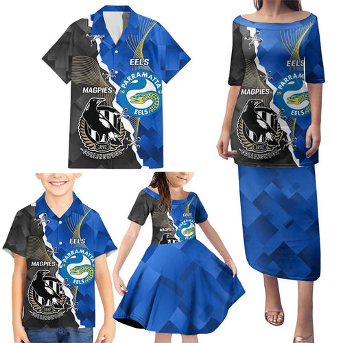Custom Magpies Football And Eels Rugby Family Matching Puletasi and Hawaiian Shirt Dynamic Style