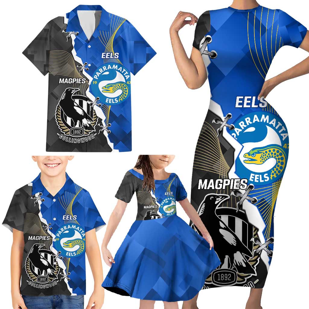 Custom Magpies Football And Eels Rugby Family Matching Short Sleeve Bodycon Dress and Hawaiian Shirt Dynamic Style