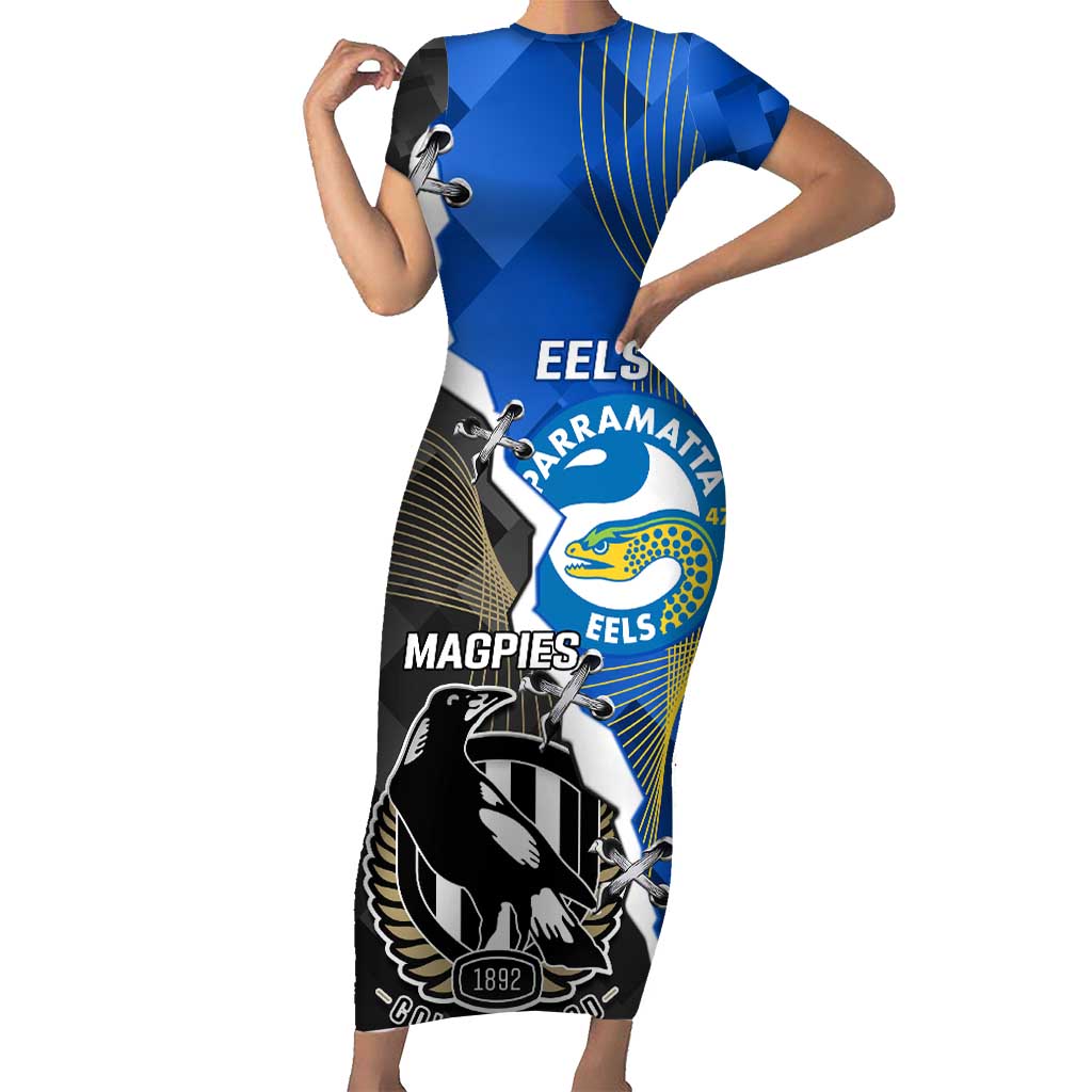 Custom Magpies Football And Eels Rugby Family Matching Short Sleeve Bodycon Dress and Hawaiian Shirt Dynamic Style