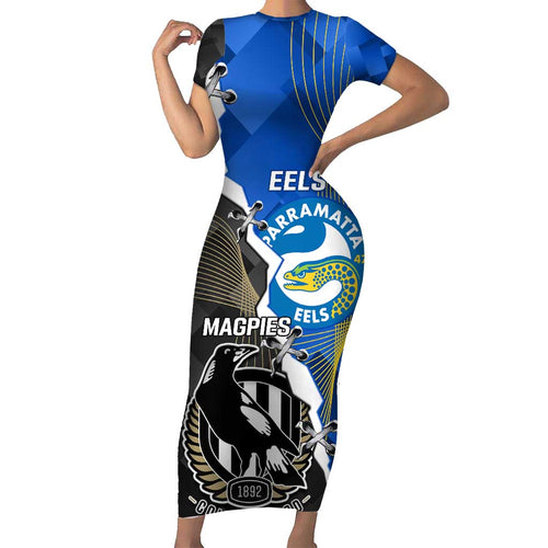 Custom Magpies Football And Eels Rugby Family Matching Short Sleeve Bodycon Dress and Hawaiian Shirt Dynamic Style