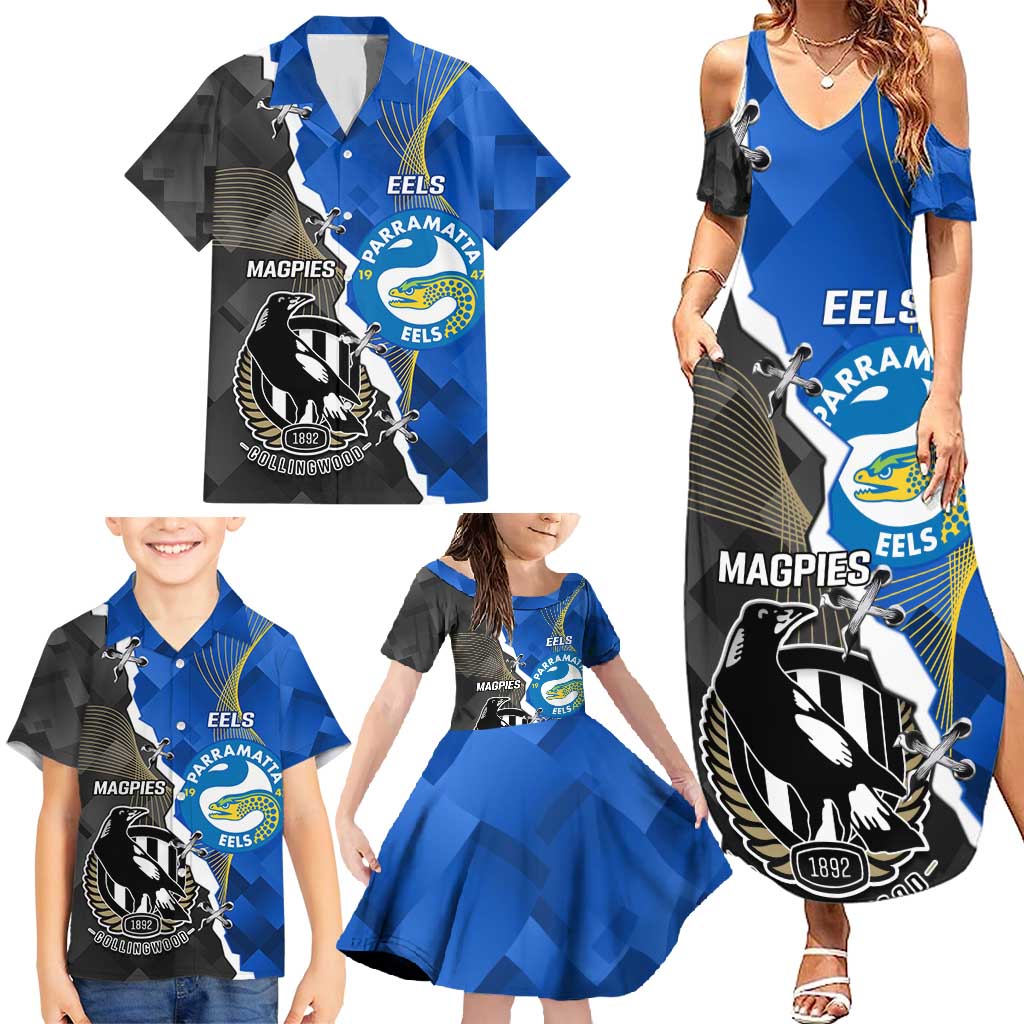 Custom Magpies Football And Eels Rugby Family Matching Summer Maxi Dress and Hawaiian Shirt Dynamic Style