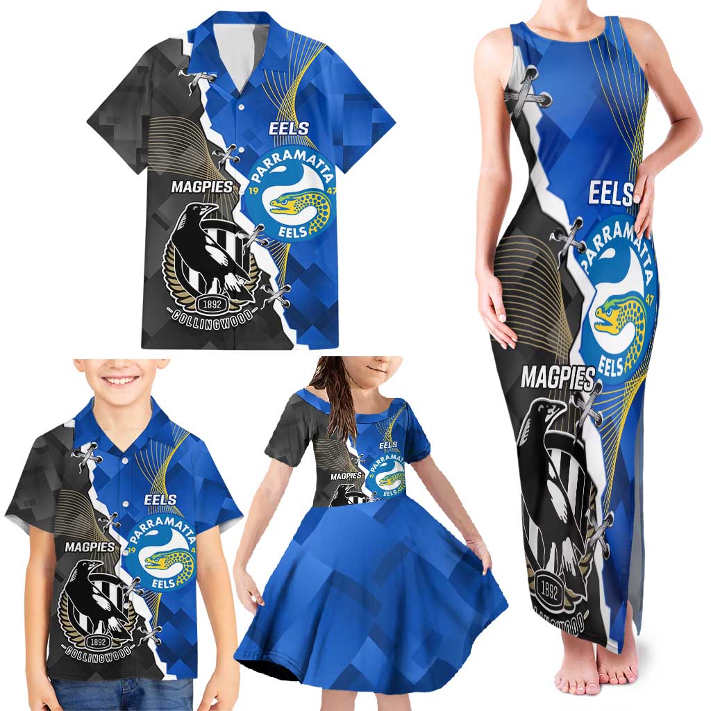 Custom Magpies Football And Eels Rugby Family Matching Tank Maxi Dress and Hawaiian Shirt Dynamic Style