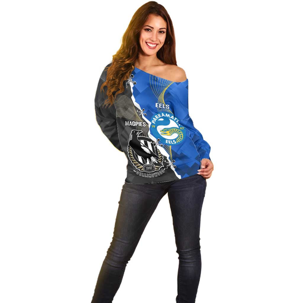 Custom Magpies Football And Eels Rugby Off Shoulder Sweater Dynamic Style