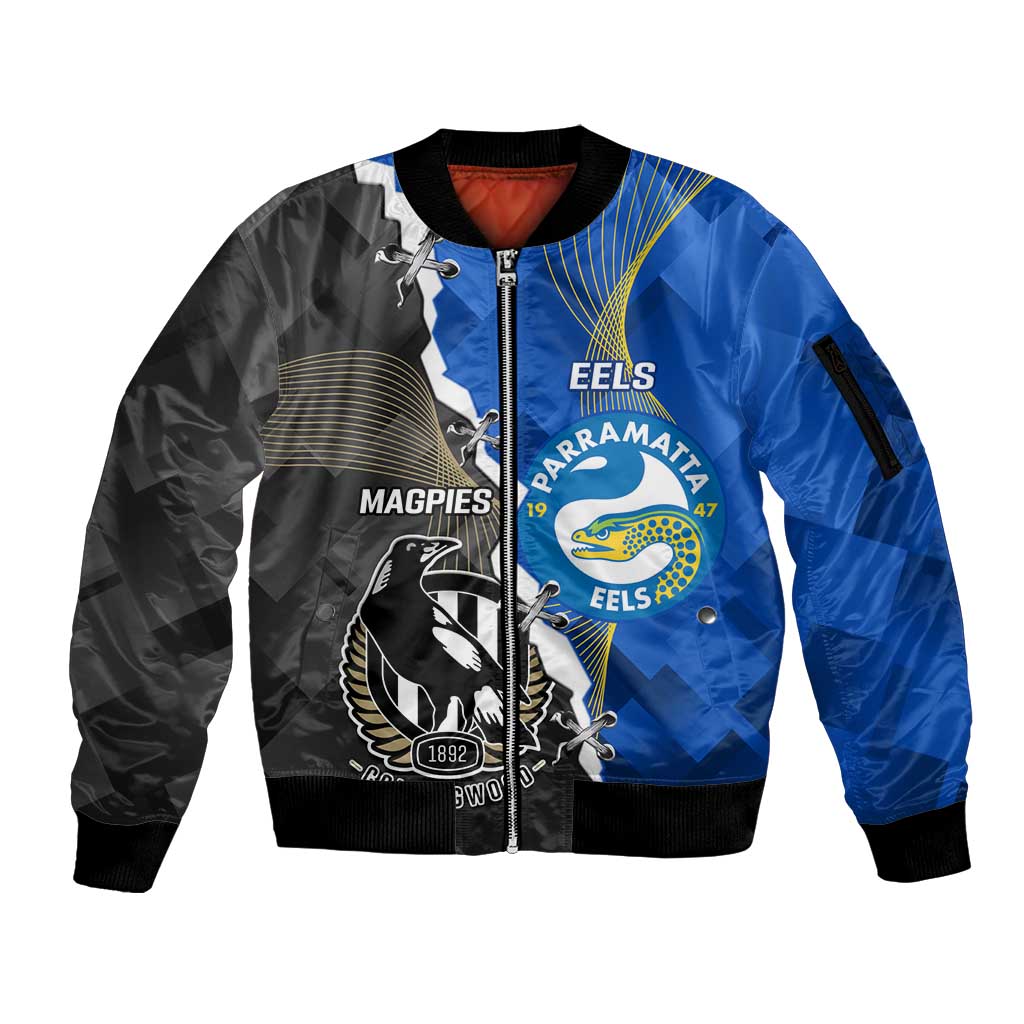 Custom Magpies Football And Eels Rugby Sleeve Zip Bomber Jacket Dynamic Style