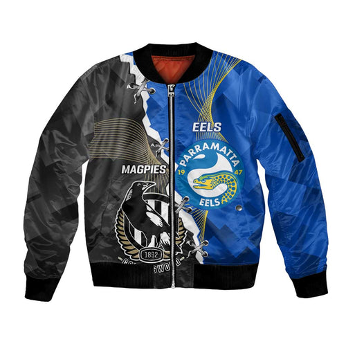 Custom Magpies Football And Eels Rugby Sleeve Zip Bomber Jacket Dynamic Style