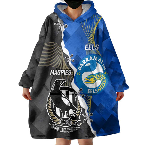 Custom Magpies Football And Eels Rugby Wearable Blanket Hoodie Dynamic Style