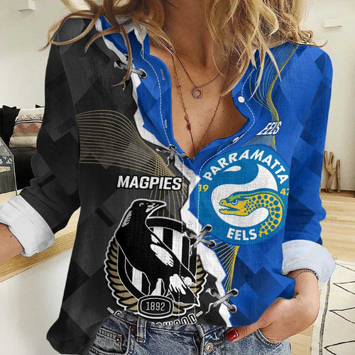 Custom Magpies Football And Eels Rugby Women Casual Shirt Dynamic Style