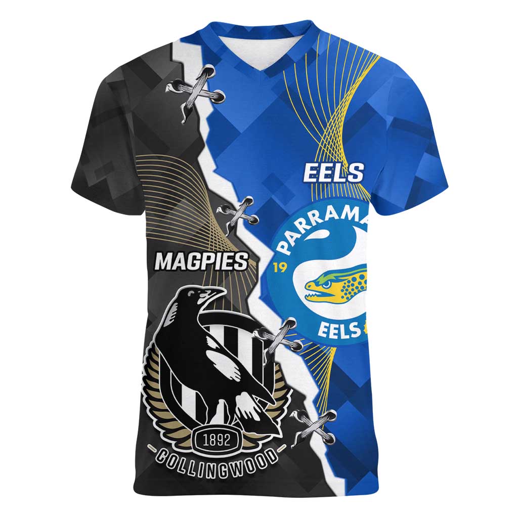 Custom Magpies Football And Eels Rugby Women V-Neck T-Shirt Dynamic Style