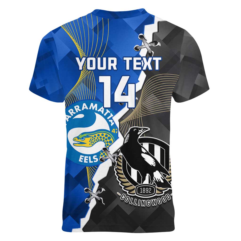 Custom Magpies Football And Eels Rugby Women V-Neck T-Shirt Dynamic Style