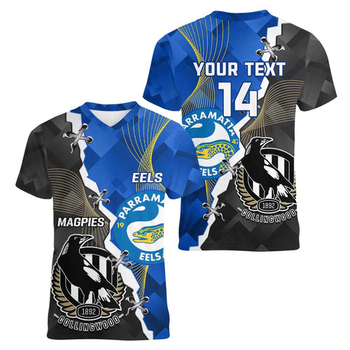 Custom Magpies Football And Eels Rugby Women V-Neck T-Shirt Dynamic Style