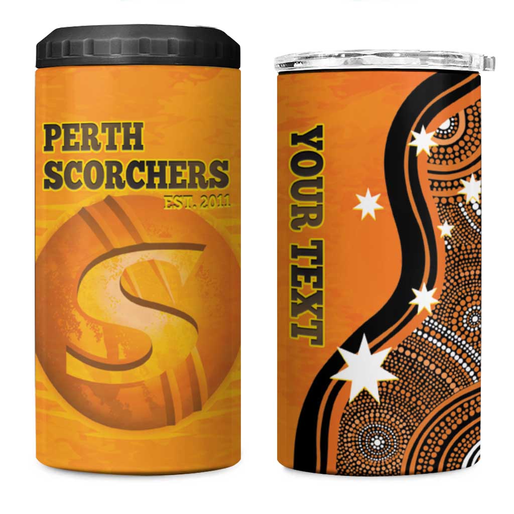 Custom Perth Scorchers 4 in 1 Can Cooler Tumbler Indigenous Art - Grunge Style