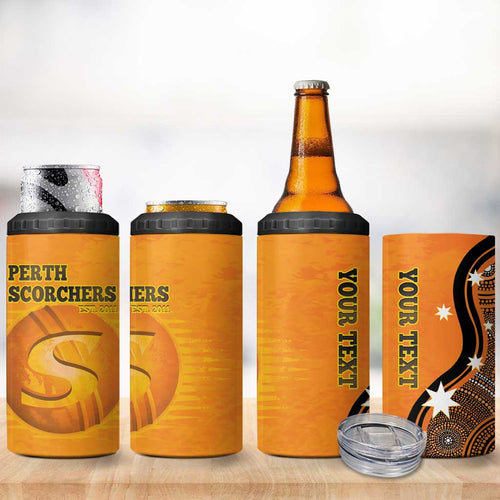 Custom Perth Scorchers 4 in 1 Can Cooler Tumbler Indigenous Art - Grunge Style