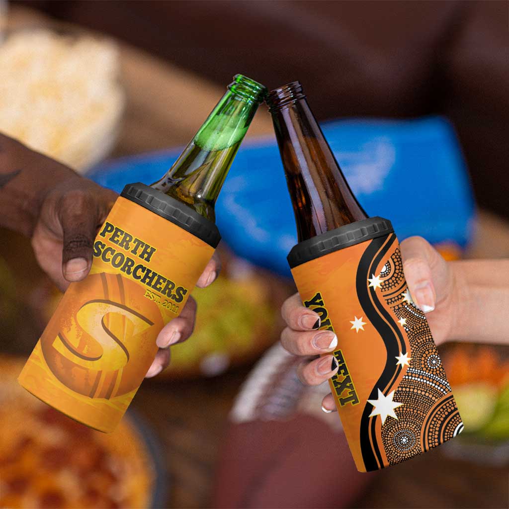 Custom Perth Scorchers 4 in 1 Can Cooler Tumbler Indigenous Art - Grunge Style