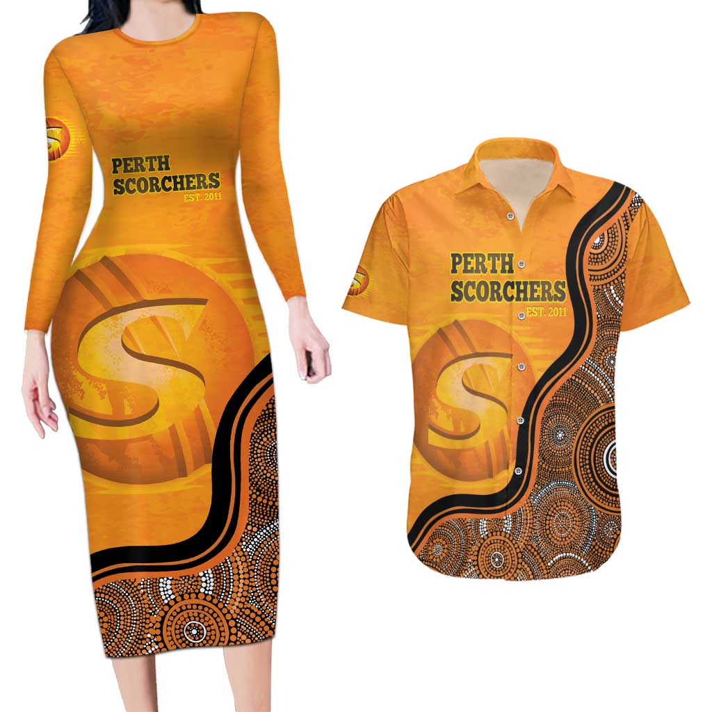 Custom Perth Scorchers Couples Matching Long Sleeve Bodycon Dress and Hawaiian Shirt Indigenous Art - Grunge Style