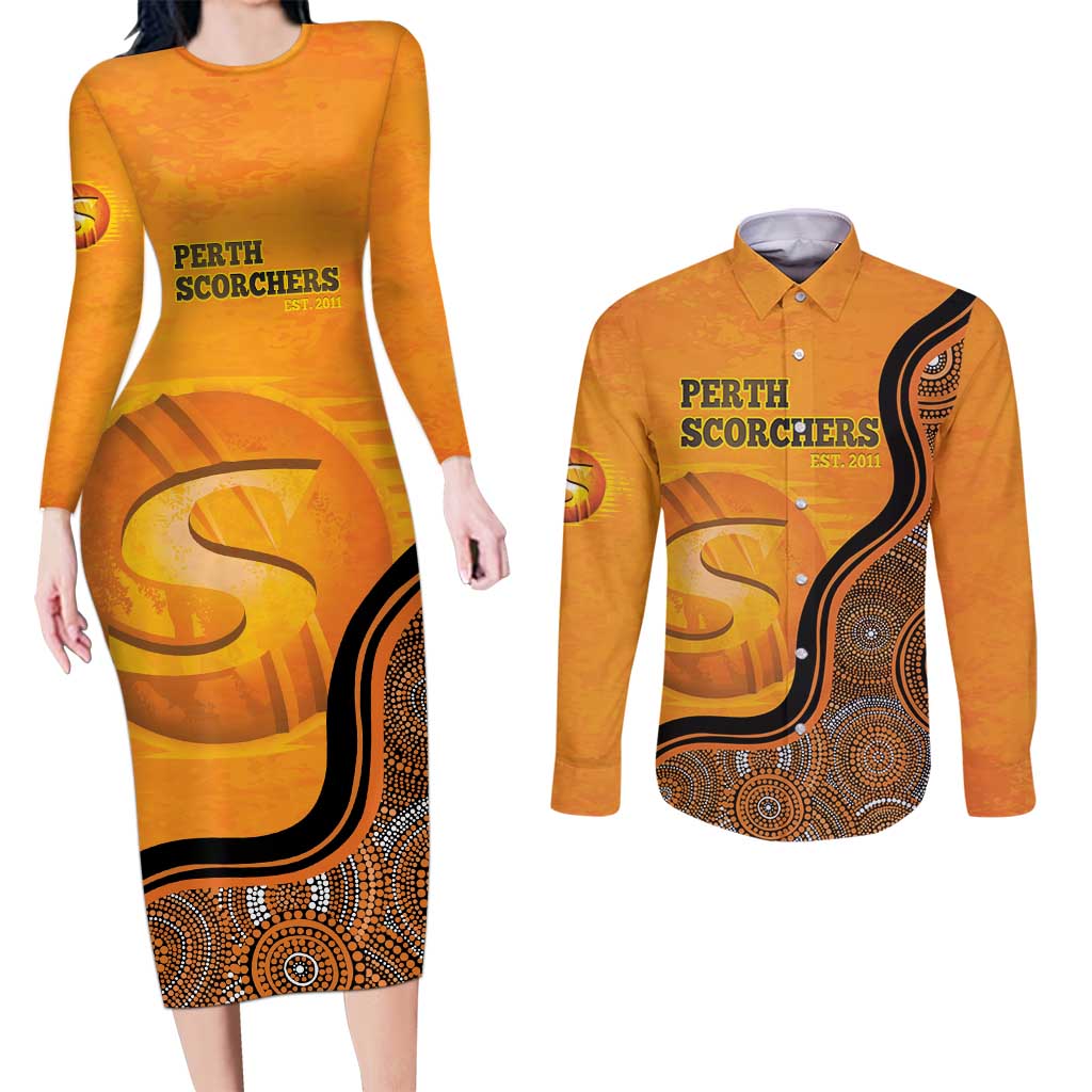 Custom Perth Scorchers Couples Matching Long Sleeve Bodycon Dress and Long Sleeve Button Shirt Indigenous Art - Grunge Style