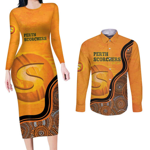 Custom Perth Scorchers Couples Matching Long Sleeve Bodycon Dress and Long Sleeve Button Shirt Indigenous Art - Grunge Style