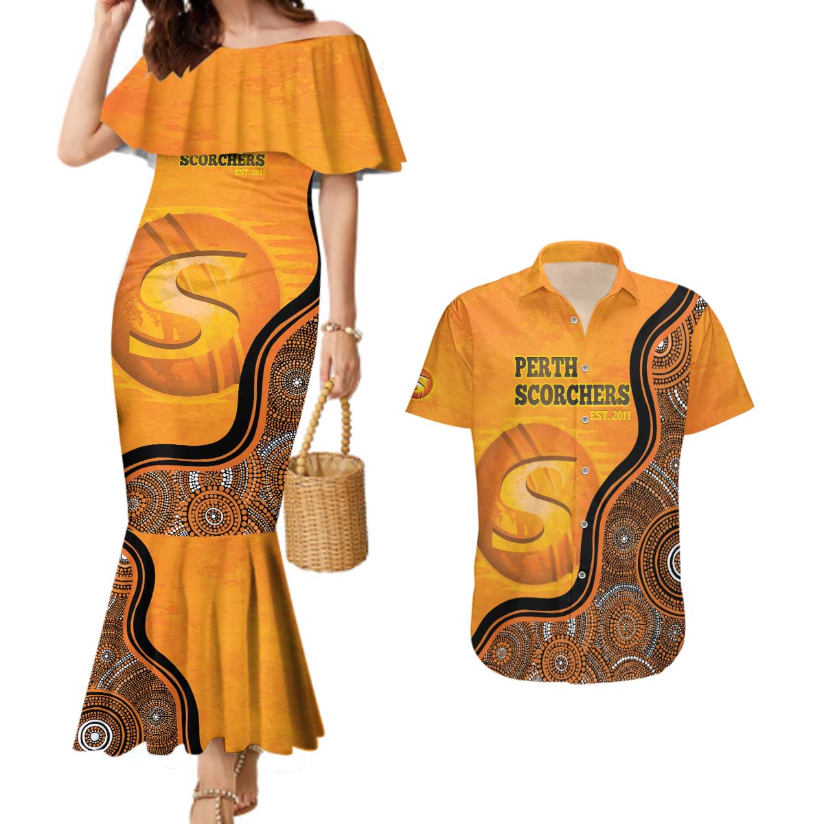 Custom Perth Scorchers Couples Matching Mermaid Dress and Hawaiian Shirt Indigenous Art - Grunge Style