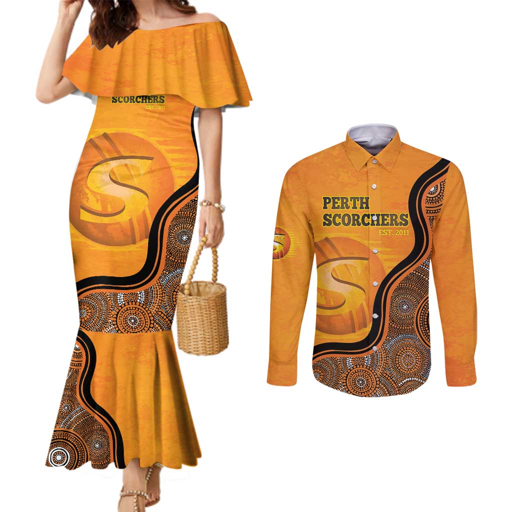 Custom Perth Scorchers Couples Matching Mermaid Dress and Long Sleeve Button Shirt Indigenous Art - Grunge Style