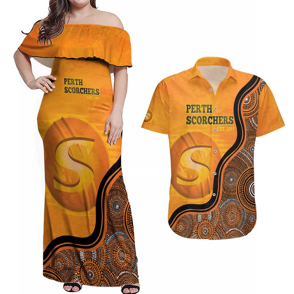 Custom Perth Scorchers Couples Matching Off Shoulder Maxi Dress and Hawaiian Shirt Indigenous Art - Grunge Style