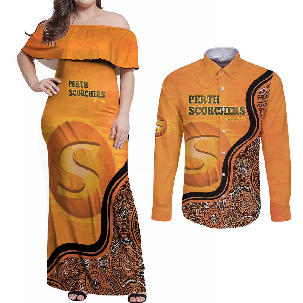 Custom Perth Scorchers Couples Matching Off Shoulder Maxi Dress and Long Sleeve Button Shirt Indigenous Art - Grunge Style